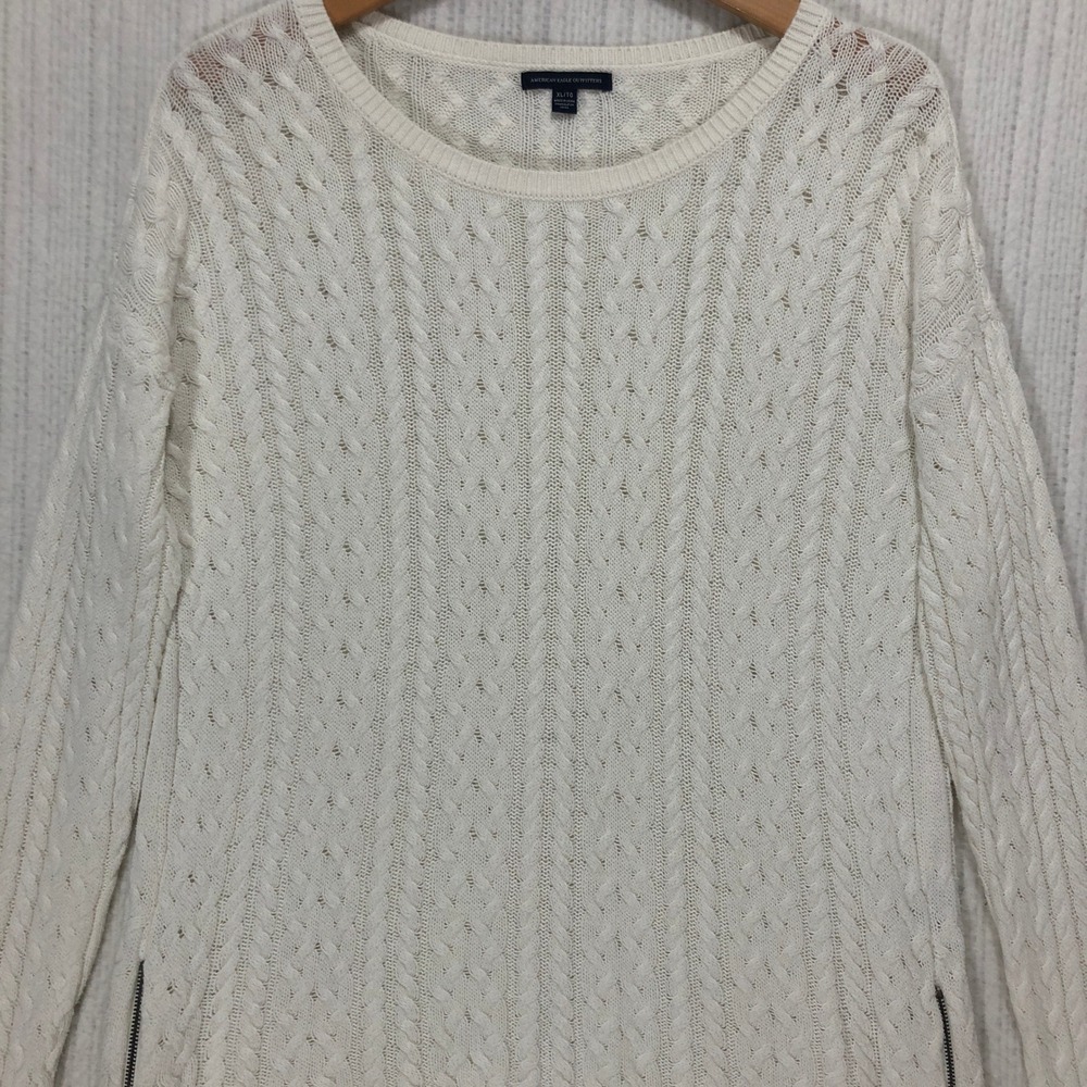 American‎ Eagle Outfitters Cream Cable Knit Side Zip Sweater XL Mens White Wool